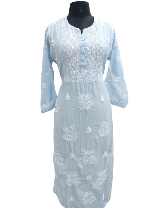 Shyamal Chikan Hand Embroidered Blue Muslin Lucknowi Chikankari Kurti - S24959