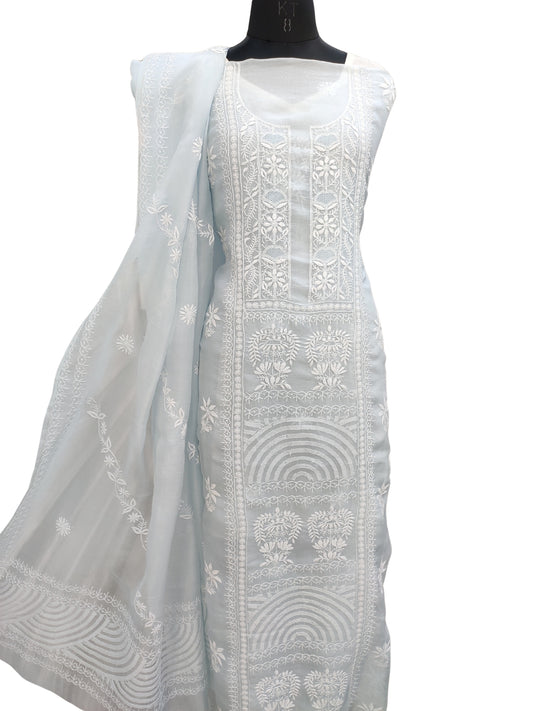 Shyamal Chikan Hand Embroidered Blue Organza Lucknowi Chikankari Unstitched Suit Piece (Kurta Dupatta Set)  - S24988