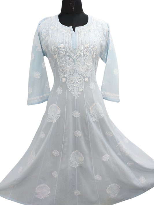Shyamal Chikan Hand Embroidered Blue Pure Cotton Lucknowi Chikankari Anarkali - S25551