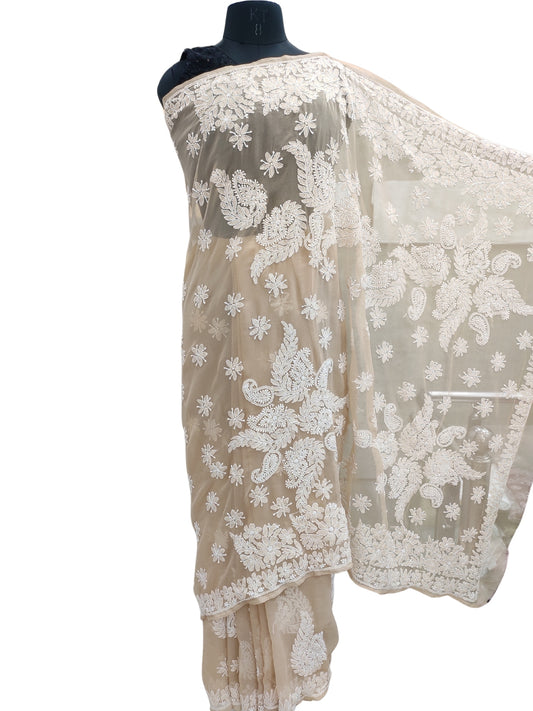 Shyamal Chikan Hand Embroidered Brown Georgette Lucknowi Chikankari Skirt Saree With Blouse Piece - S26271