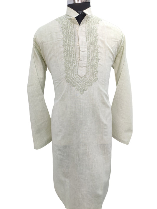 Shyamal Chikan Hand Embroidered Green Cotton Lucknowi Chikankari Men's Kurta- S25886