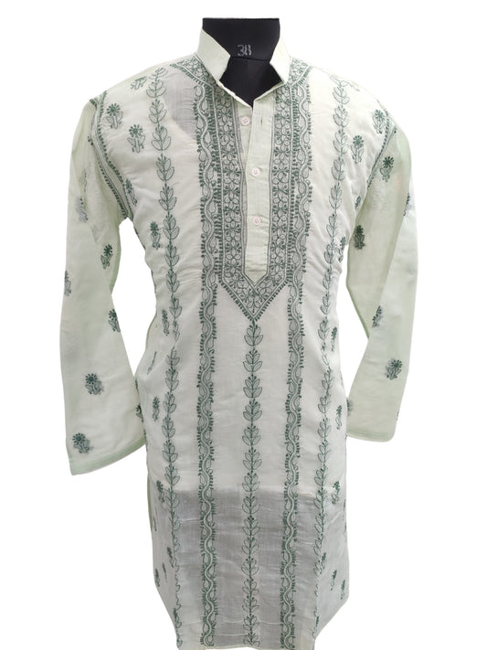 Shyamal Chikan Hand Embroidered Green Cotton Lucknowi Chikankari Men's Kurta – S25634
