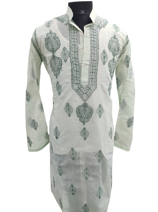 Shyamal Chikan Hand Embroidered Green Cotton Lucknowi Chikankari Men's Kurta– S25658