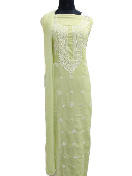 Shyamal Chikan Hand Embroidered Green Cotton Lucknowi Chikankari Unstitched Suit Piece - S25275