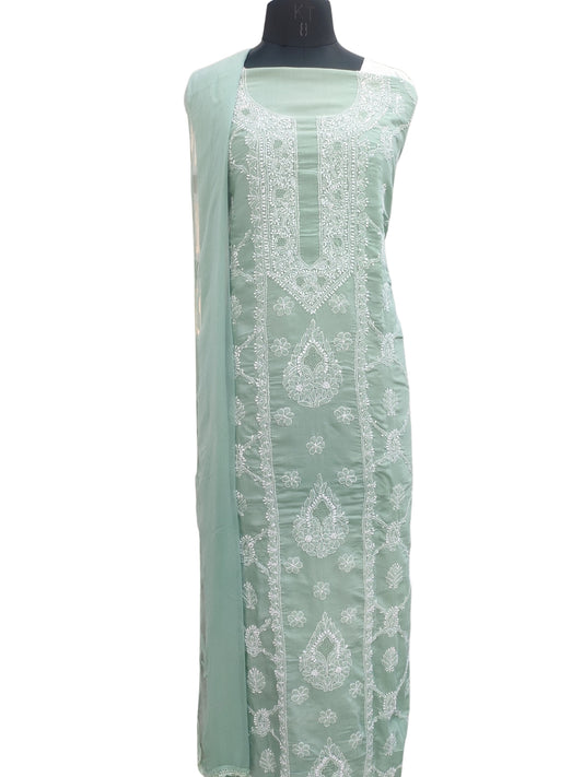 Shyamal Chikan Hand Embroidered Green Cotton Lucknowi Chikankari Unstitched Suit Piece - S26711