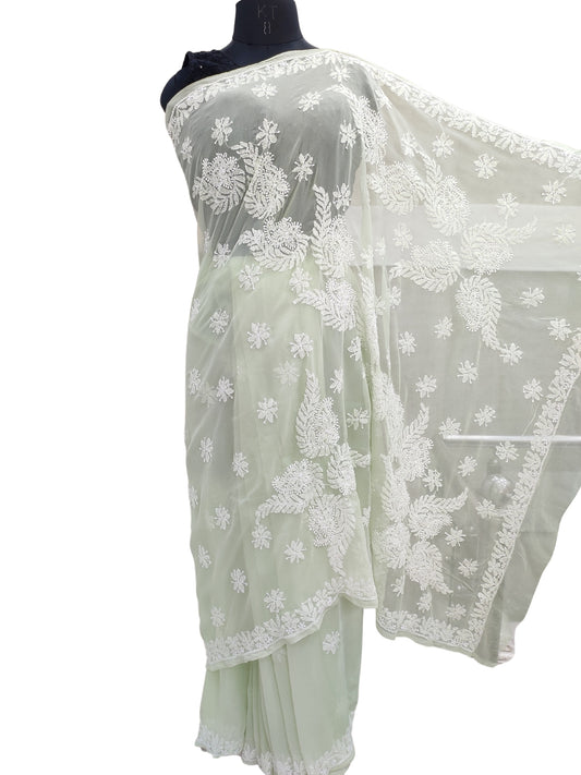 Shyamal Chikan Hand Embroidered Green Georgette Lucknowi Chikankari Saree With Blouse Piece - S25244