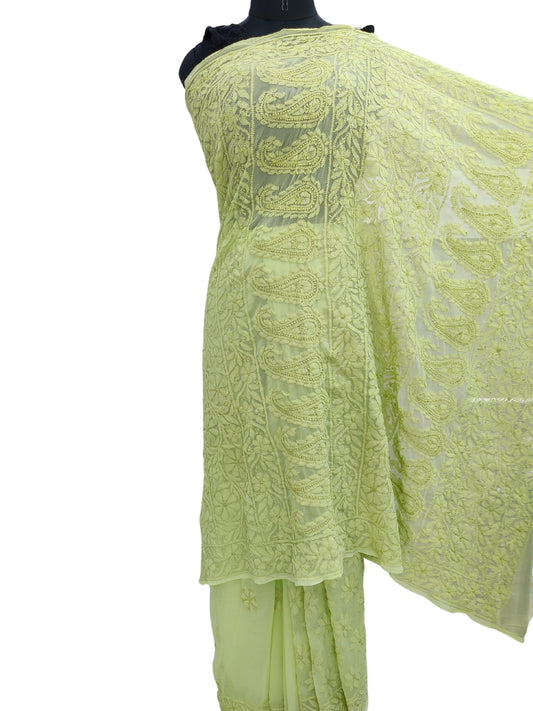 Shyamal Chikan Hand Embroidered Green Georgette Lucknowi Chikankari Shoulder Jaal Saree With Blouse Piece - S26276