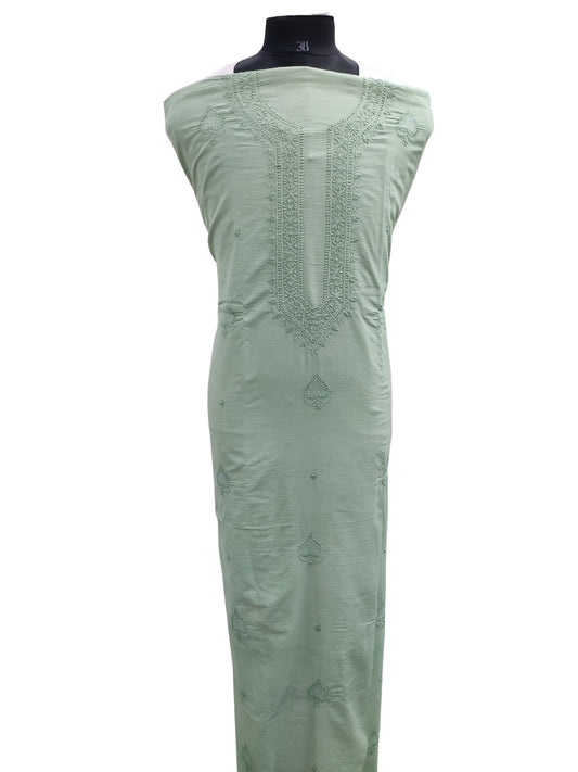 Shyamal Chikan Hand Embroidered Green Malmal Cotton Lucknowi Chikankari Unstitched Men's Kurta Piece With Jaali Work – S25150
