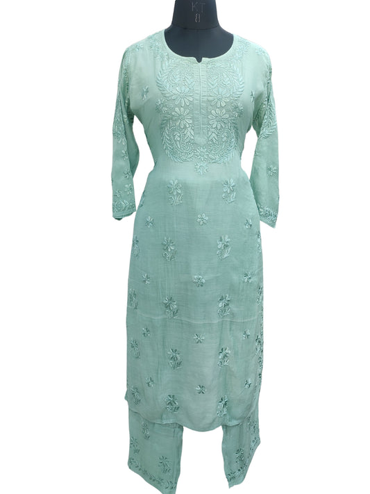 Shyamal Chikan Hand Embroidered Green Muslin Lucknowi Chikankari Kurta and Bottom Set - S25512