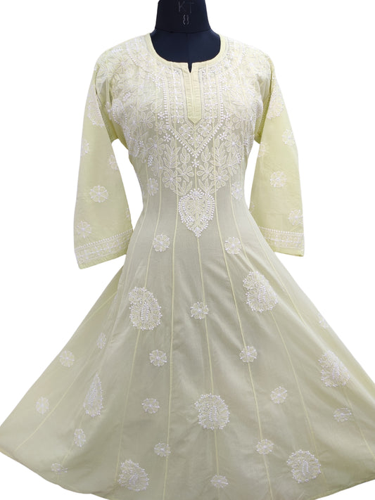 Shyamal Chikan Hand Embroidered Green Pure Cotton Lucknowi Chikankari Anarkali - S25555