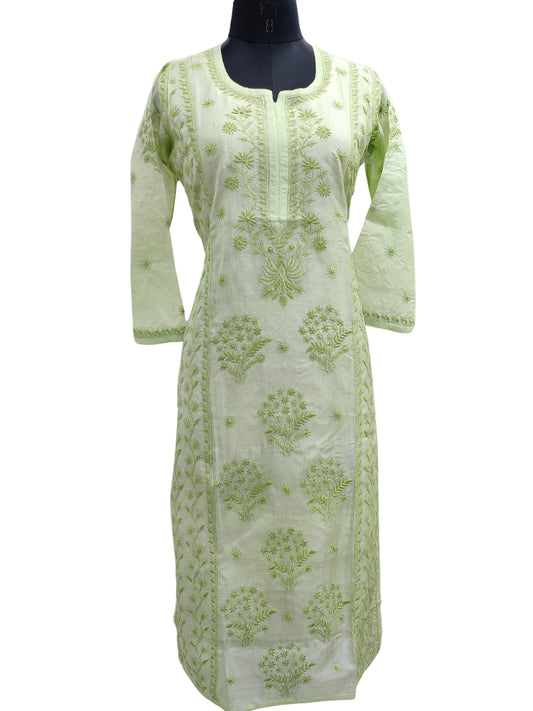 Shyamal Chikan Hand Embroidered Green Pure Tusser Silk Lucknowi Chikankari Kurti- S27018