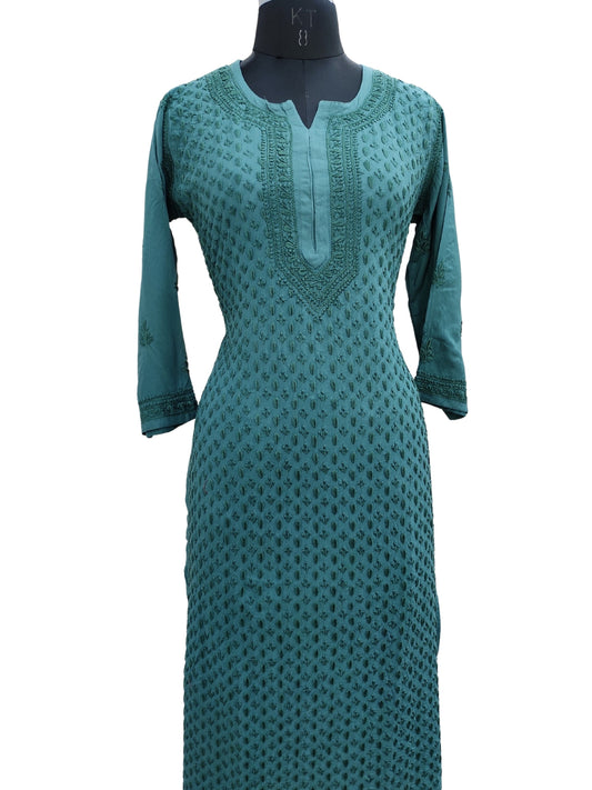 Shyamal Chikan Hand Embroidered Green Rayon Cotton Lucknowi Chikankari Kurti - S26570