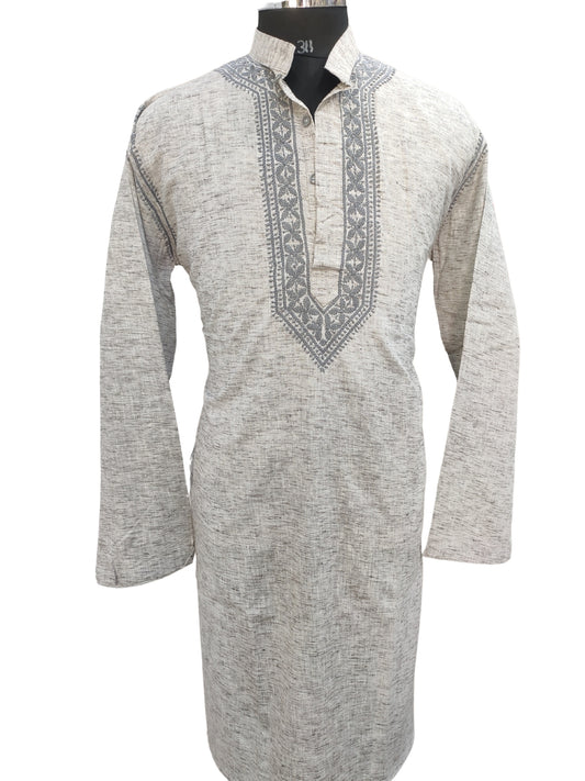 Shyamal Chikan Hand Embroidered Grey Cotton Lucknowi Chikankari Men's Kurta- S25889