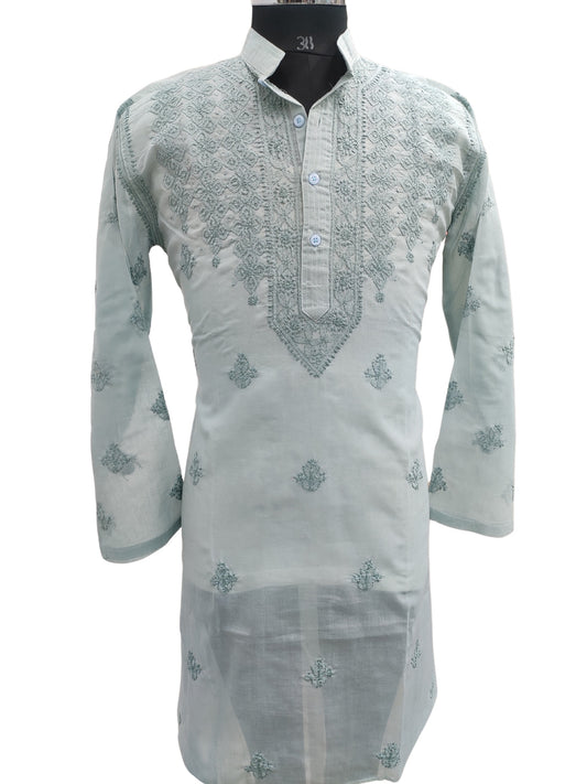 Shyamal Chikan Hand Embroidered Grey Cotton Lucknowi Chikankari Men's Kurta– S25648