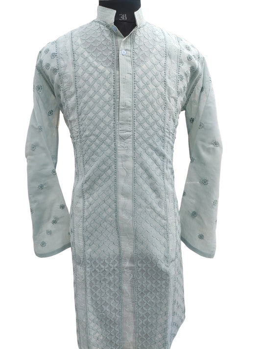 Shyamal Chikan Hand Embroidered Grey Cotton Lucknowi Chikankari Men's Kurta –S25665
