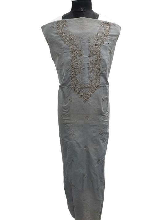 Shyamal Chikan Hand Embroidered Grey Cotton Lucknowi Chikankari Unstitched Men's Kurta Piece – S25334