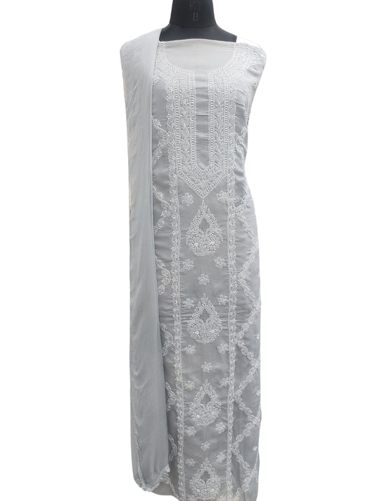 Shyamal Chikan Hand Embroidered Grey Cotton Lucknowi Chikankari Unstitched Suit Piece - S26709