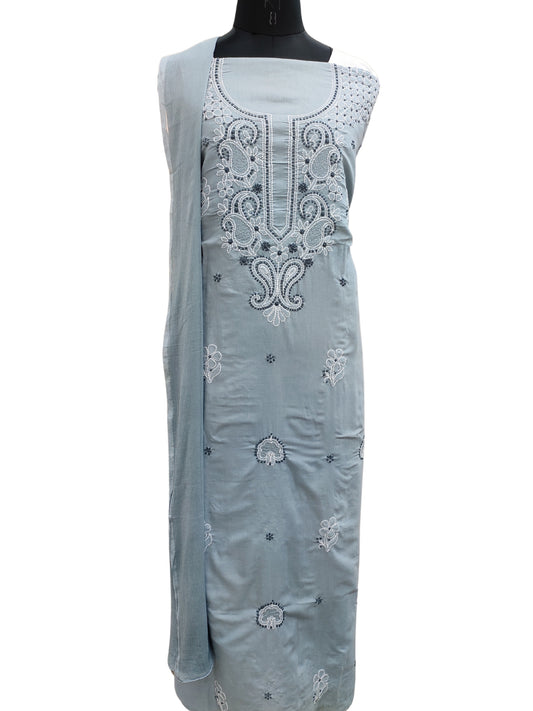 Shyamal Chikan Hand Embroidered Grey Cotton Lucknowi Chikankari Unstitched Suit Piece With Jaali Work - S25417