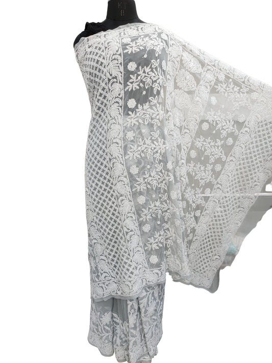 Shyamal Chikan Hand Embroidered Grey Georgette Lucknowi Chikankari Shoulder Jaal Saree With Blouse Piece - S26486