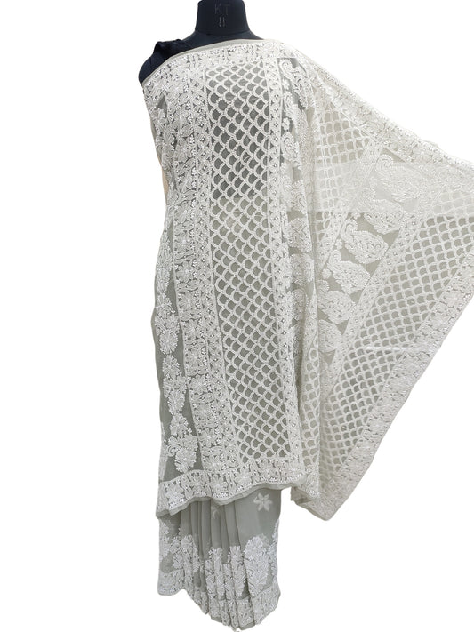 Shyamal Chikan Hand Embroidered Grey Georgette Lucknowi Chikankari Skirt Saree With Blouse Piece - S25240