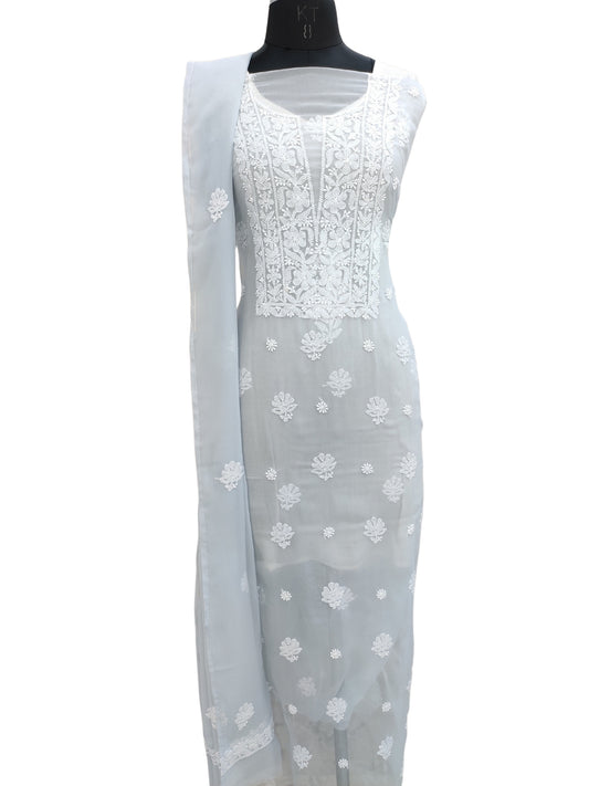 Shyamal Chikan Hand Embroidered Grey Georgette Lucknowi Chikankari Unstitched Suit Piece - S26633