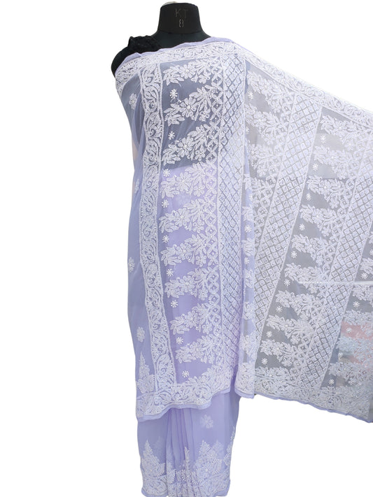Shyamal Chikan Hand Embroidered Lavender Georgette Lucknowi Chikankari Skirt Saree With Blouse Piece - S26068