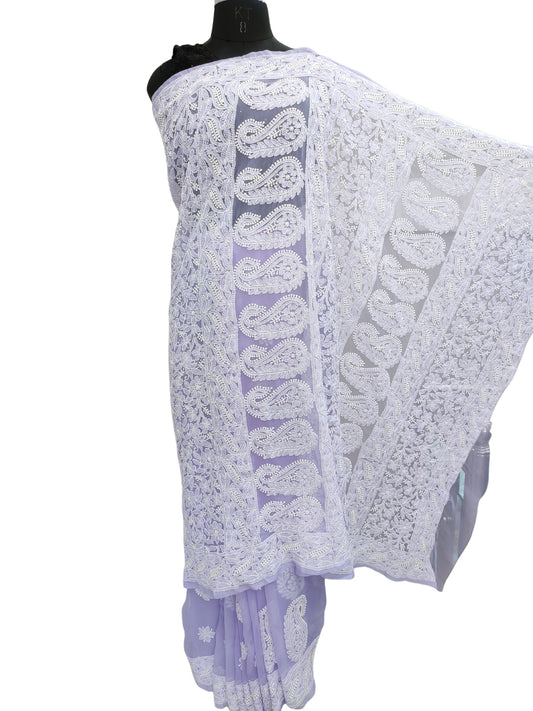 Shyamal Chikan Hand Embroidered Lavender Georgette Lucknowi Chikankari Skirt Saree With Blouse Piece - S26485