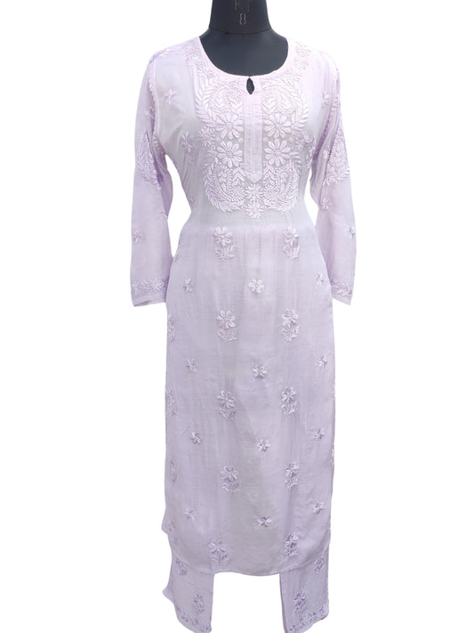 Shyamal Chikan Hand Embroidered Lavender Muslin Lucknowi Chikankari Kurta and Bottom Set - S25514