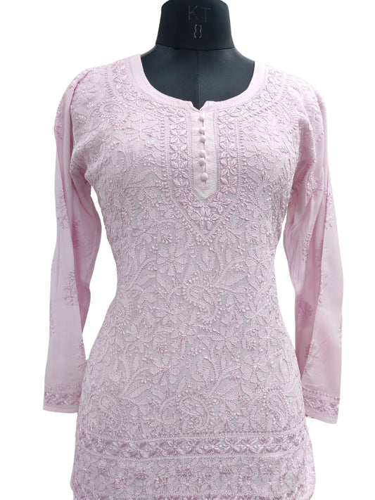 Shyamal Chikan Hand Embroidered Lavender Muslin Lucknowi Chikankari Short Top - S26008