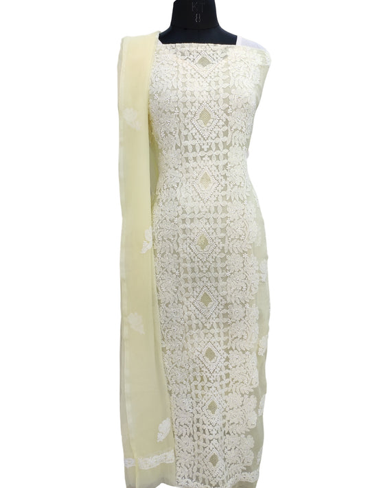 Shyamal Chikan Hand Embroidered Lemon Yellow Georgette Lucknowi Chikankari Unstitched Suit Piece - S26635