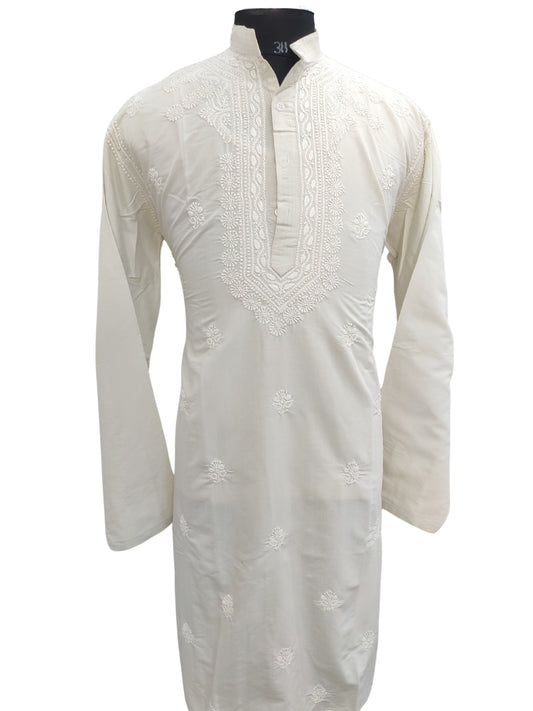 Shyamal Chikan Hand Embroidered Light Green Pure Cotton Lucknowi Chikankari Men's Kurta – S25616