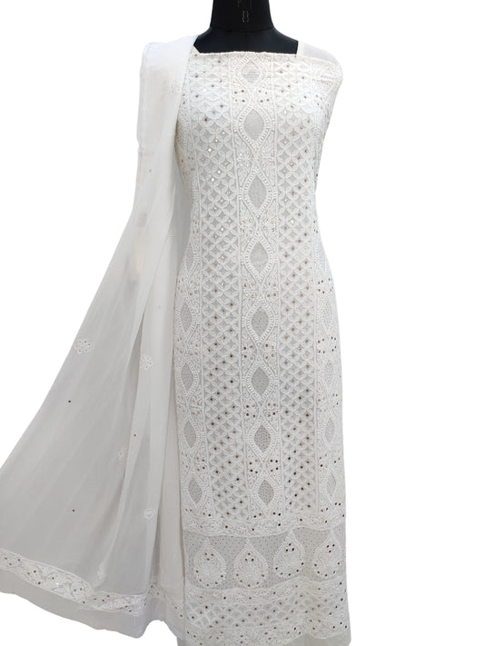 Shyamal Chikan Hand Embroidered Light White Viscose Georgette Lucknowi Chikankari Unstitched Suit Piece With Mukaish Work  ( Kurta Dupatta Set) -S26777