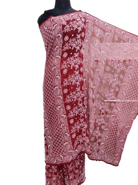 Shyamal Chikan Hand Embroidered Marhoon Georgette Lucknowi Chikankari Shoulder Jaal Saree With Blouse Piece - S26072