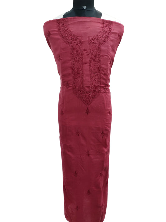 Shyamal Chikan Hand Embroidered Maroon Cotton Lucknowi Chikankari Unstitched Men's Kurta Piece – S25335