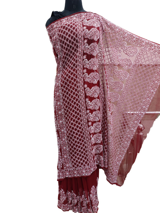 Shyamal Chikan Hand Embroidered Maroon Georgette Lucknowi Chikankari Skirt Saree With Blouse Piece - S25243