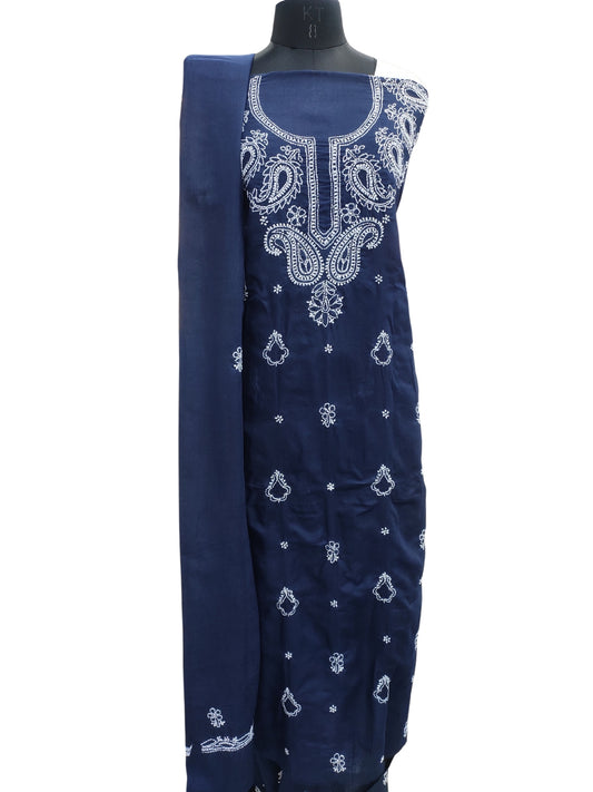 Shyamal Chikan Hand Embroidered Navy Blue Cotton Lucknowi Chikankari Unstitched Suit Piece With Cotton Dupatta & Jaali Work - S25428