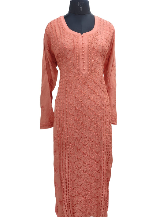 Shyamal Chikan Hand Embroidered Orange Muslin Lucknowi Chikankari Kurti - S24879