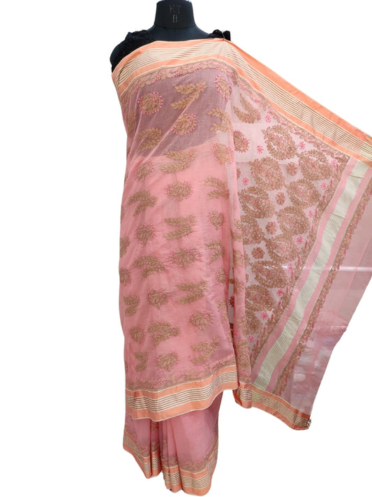 Shyamal Chikan Hand Embroidered Peach Banarasi Cotton Lucknowi Chikankari Saree With Blouse Piece- S27025