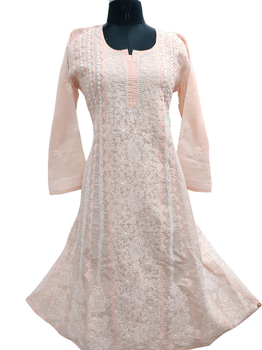 Shyamal Chikan Hand Embroidered Peach Cotton Lucknowi Chikankari Anarkali With Daraz Work - S26551