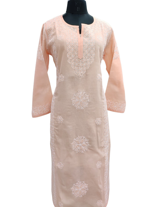 Shyamal Chikan Hand Embroidered Peach Cotton Lucknowi Chikankari Kurti - S26525