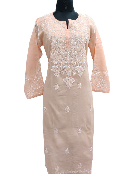 Shyamal Chikan Hand Embroidered Peach Cotton Lucknowi Chikankari Kurti - S26534