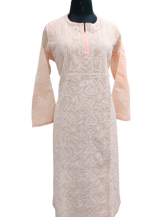 Shyamal Chikan Hand Embroidered Peach Cotton Lucknowi Chikankari Kurti - S26545
