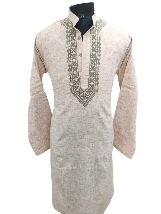 Shyamal Chikan Hand Embroidered Peach Cotton Lucknowi Chikankari Men's Kurta- S25592