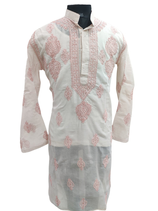 Shyamal Chikan Hand Embroidered Peach Cotton Lucknowi Chikankari Men's Kurta– S25659
