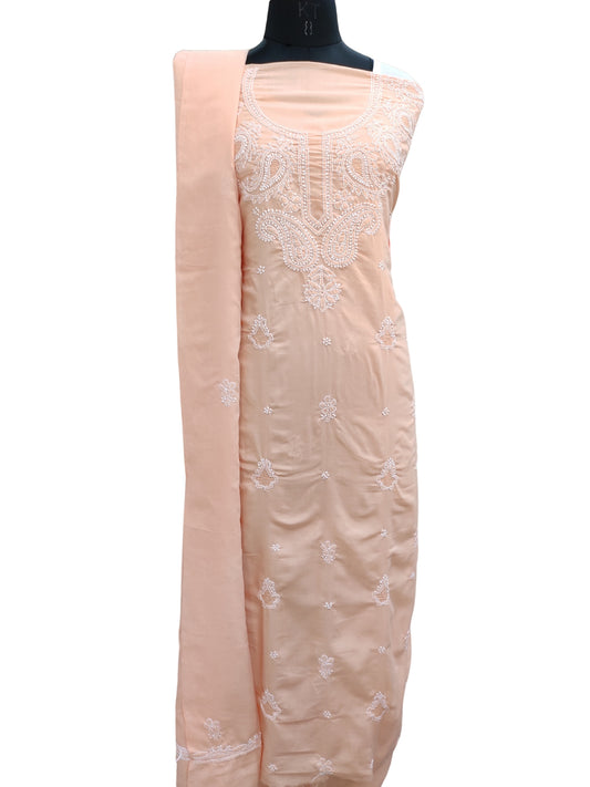 Shyamal Chikan Hand Embroidered Peach Cotton Lucknowi Chikankari Unstitched Suit Piece With Cotton Dupatta & Jaali Work - S25426