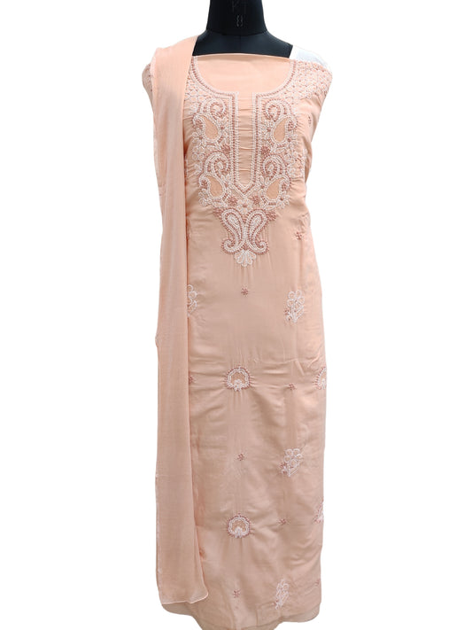 Shyamal Chikan Hand Embroidered Peach Cotton Lucknowi Chikankari Unstitched Suit Piece With Jaali Work - S25412