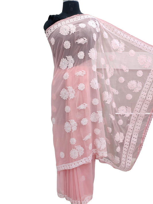 Shyamal Chikan Hand Embroidered Peach Georgette Lucknowi Chikankari Saree With Blouse Piece - S25246