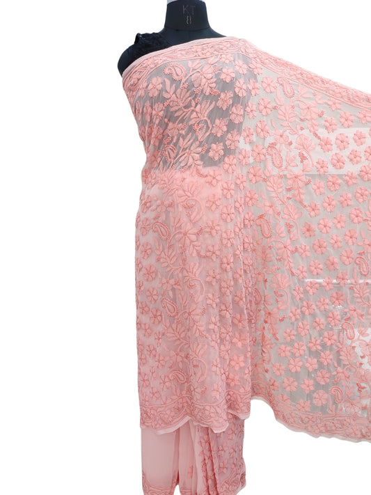 Shyamal Chikan Hand Embroidered Peach Georgette Lucknowi Chikankari Shoulder Jaal Saree With Blouse Piece - S26274
