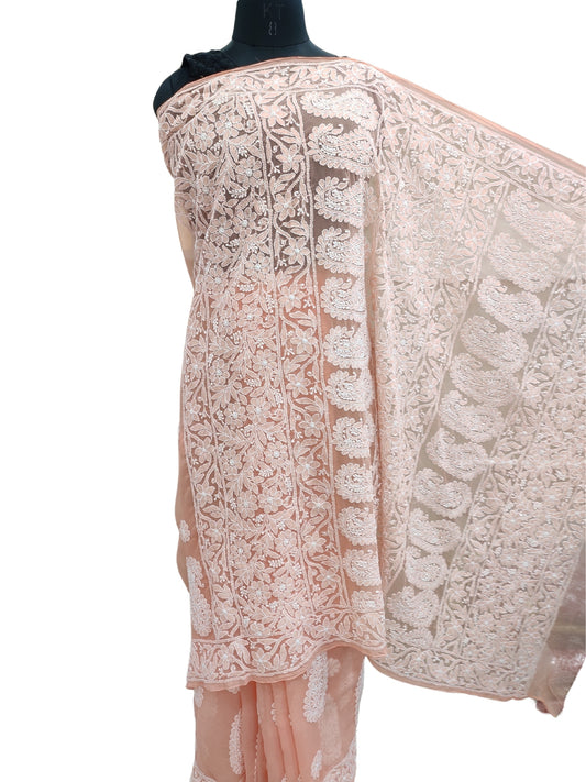 Shyamal Chikan Hand Embroidered Peach Georgette Lucknowi Chikankari Skirt Saree With Blouse Piece - S25238