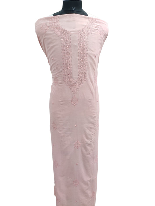 Shyamal Chikan Hand Embroidered Peach Malmal Cotton Lucknowi Chikankari Unstitched Men's Kurta Piece With Jaali Work – S25144